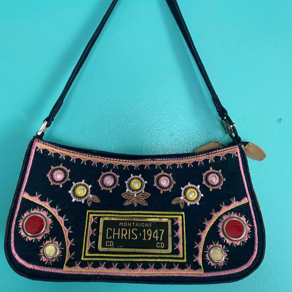 Christian Dior Blue Denim Embroidered Montaigne Chris 1947 License Plate Purse